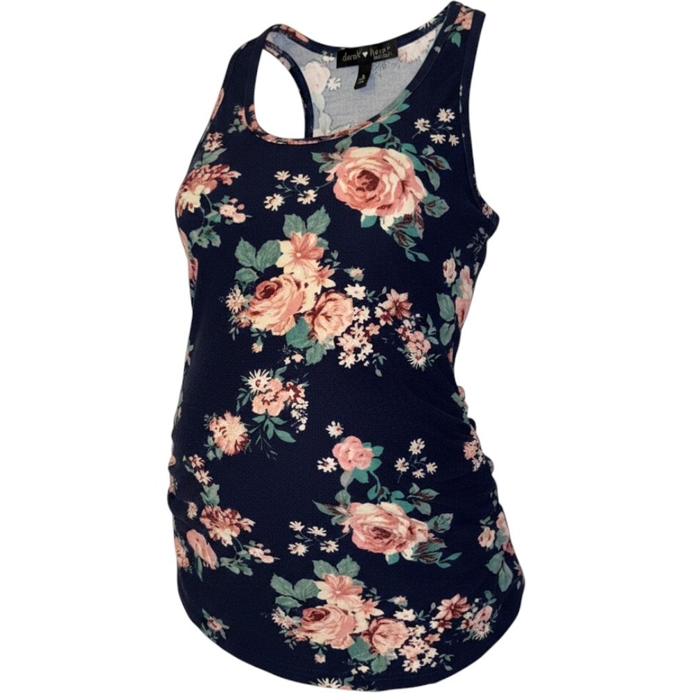 Derek Heart Floral Racerback Maternity Tank Top Navy Blue Small Ruched Sides